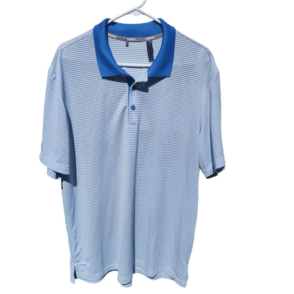 Adidas Golf Mens XL Polo Shirt Blue White Striped Performance Short Sleeve Top